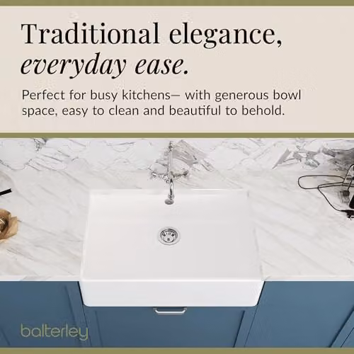 Balterley White Ceramic Butler Sink with Mono French Classic Crosshead Mixer Tap and Waste, Single Bowl Apron Front Design, White/Chrome – 3