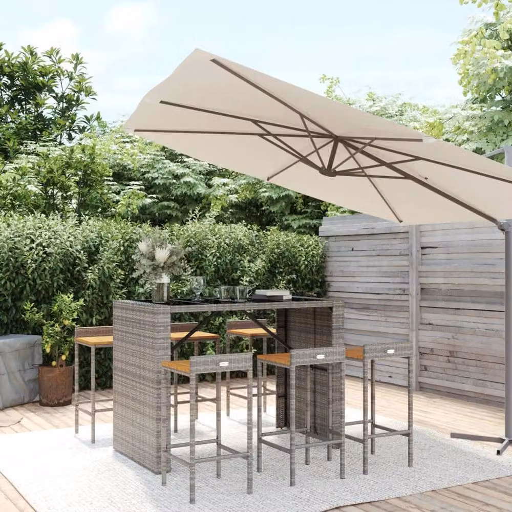 Berkfield Home Beautiful 7 Piece Grey Poly Rattan and Solid Acacia Wood Garden Bar Set – 2