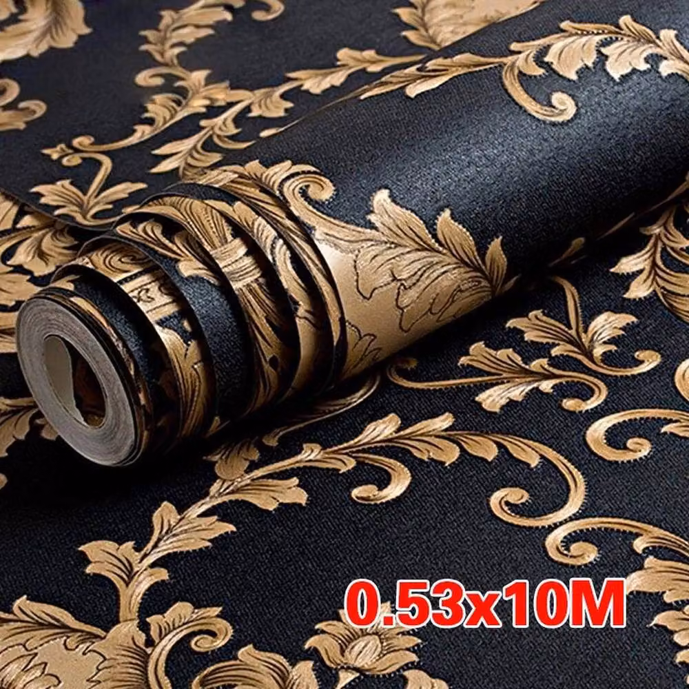 KORVIXA Gold Luxury Damask Embossed Vinyl Wallpaper Roll with Floral Abstract Design, 0.6 m2 – 2