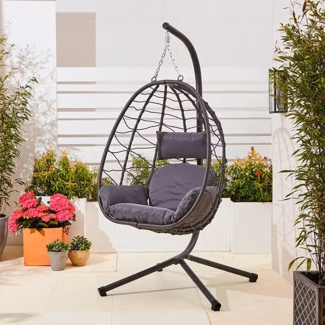 Neo Egg Swing Hanging Chair with Cushions in Grey with Powder Coated Steel Stand