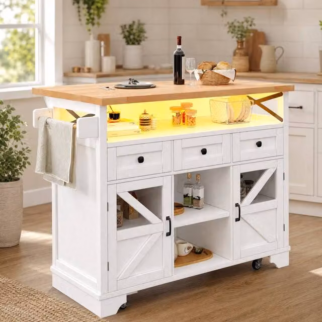 STILVORA Modern Mobile Kitchen Island Cart with LED and USB in White
