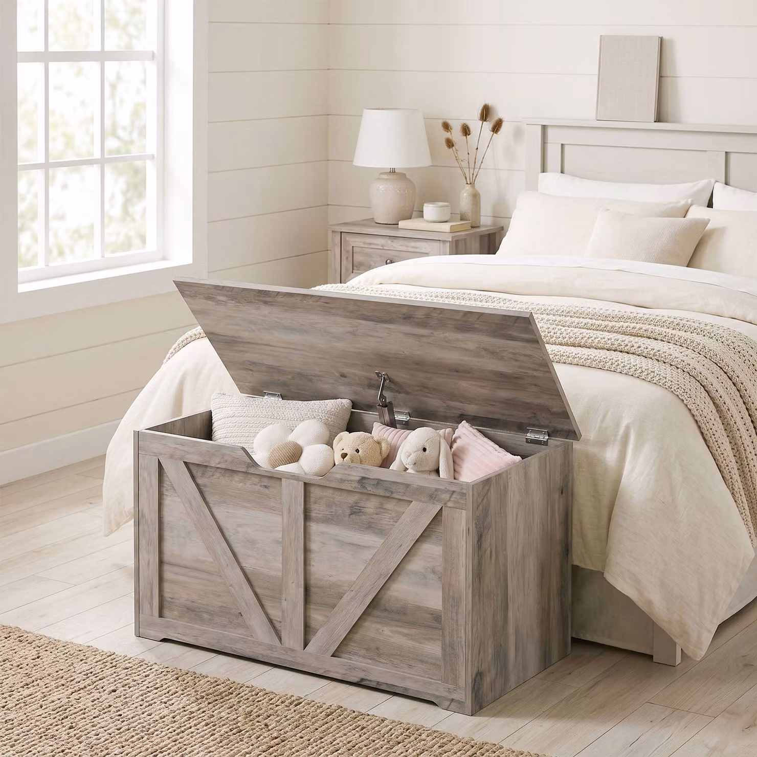 HOMCOM 100L Home Storage Box with Soft-Close Safety Hinge in Grey Wood-Effect, W: 80 cm, D: 45 cm, H: 136 cm – 2