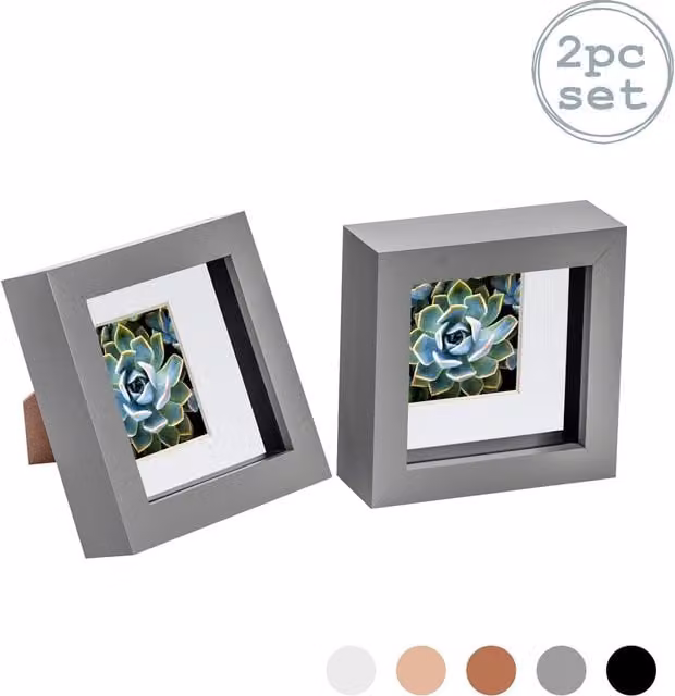 Nicola Spring Pack of 2 Square 3D Box Photo Frames in Grey and White, W/D/H: 10.16 x 10.16 x 10.16 cm