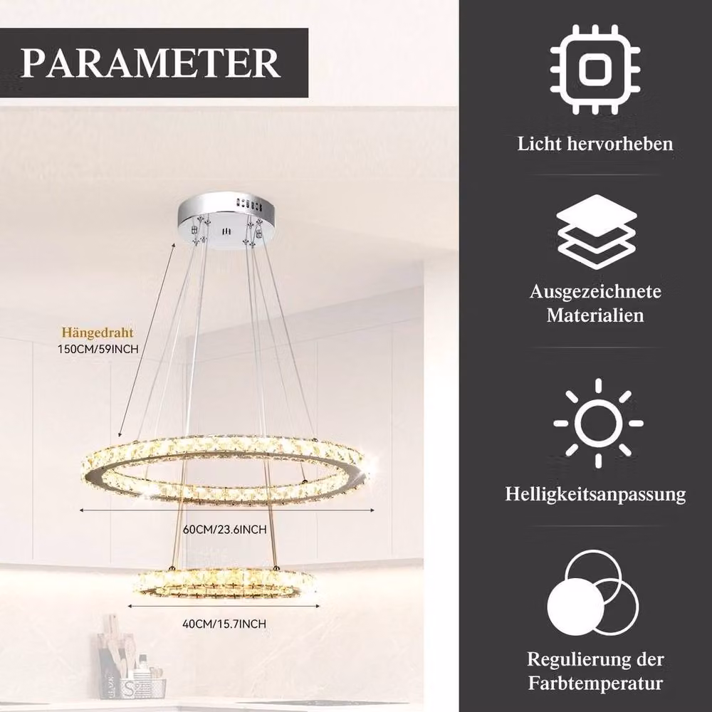FLAVORA Modern Dual Ring Crystal LED Pendant Chandelier in Silver – 3