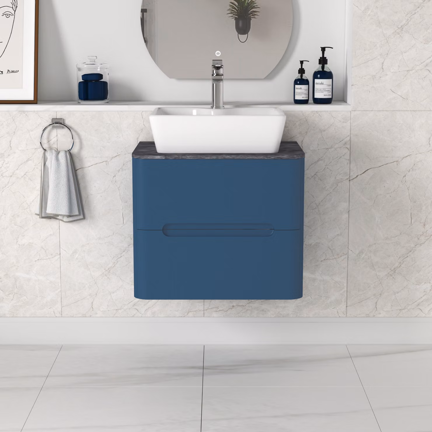 Royal Bathrooms Venice Wall Hung Vanity Unit with 2 Drawers and Black Star Worktop, Midnight Blue, W: 60 cm