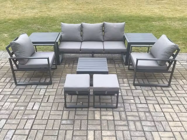 Fimous 7 Seater Outdoor Lounge Sofa Set in Dark Grey with Powder Coated Aluminium Frame, Coffee Table, 2 Chairs, 2 Footstools and 2 Side Tables