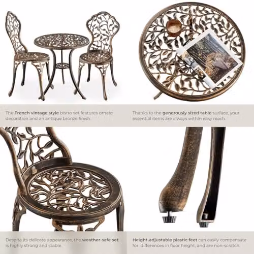 tectake Lyon 3-Piece Bistro Set for 2 People, Antique Bronze Powder Coated Aluminium Garden Table and Chairs with Floral Pattern for Balcony and Terrace – 5