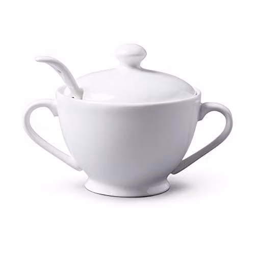 WM Bartleet & Sons 1750 Traditional Porcelain Sugar Bowl with Lid and Spoon, White, Diameter: 13 cm