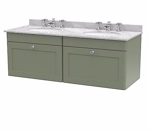 nuie Classique CLC894GR6 Wall Hung 2 Drawer Unit with 3 Tap Hole Double Marble Top and Round Basin, Satin Green/Grey