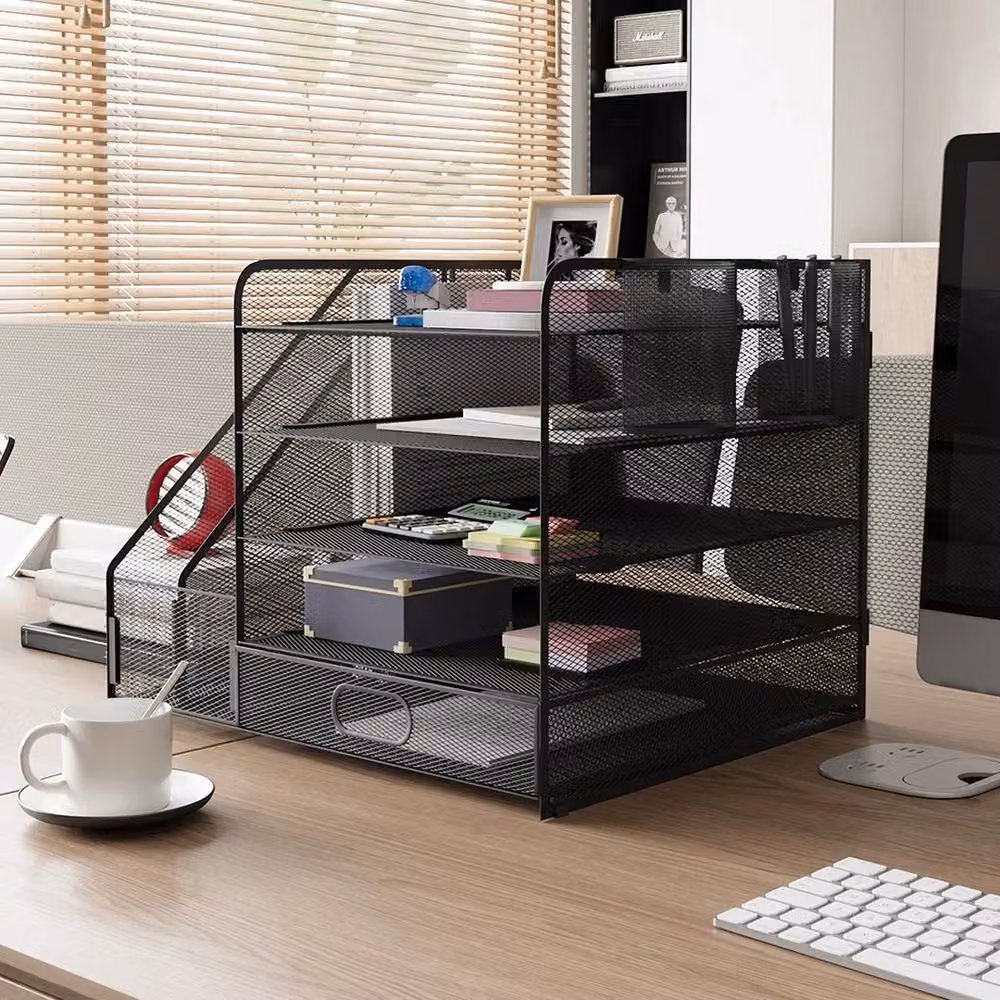 KORVIXA 5 Tier Metal File Magazine Holder and Letter Organiser in Black, W/D/H: 90 x 90 x 35 cm – 5