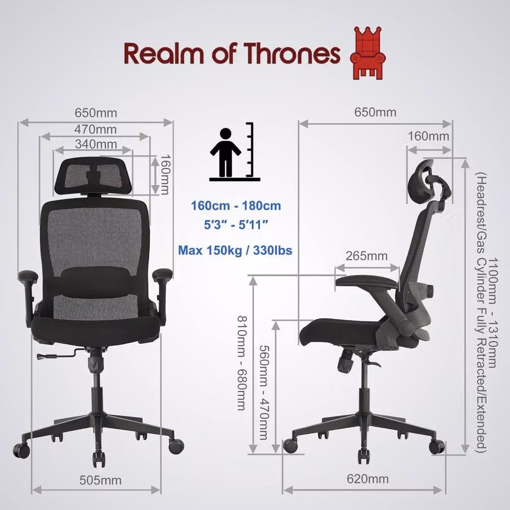 Realm of Thrones Ergonomic High Back Office and Gaming Chair in Black with 3D Headrest – 10