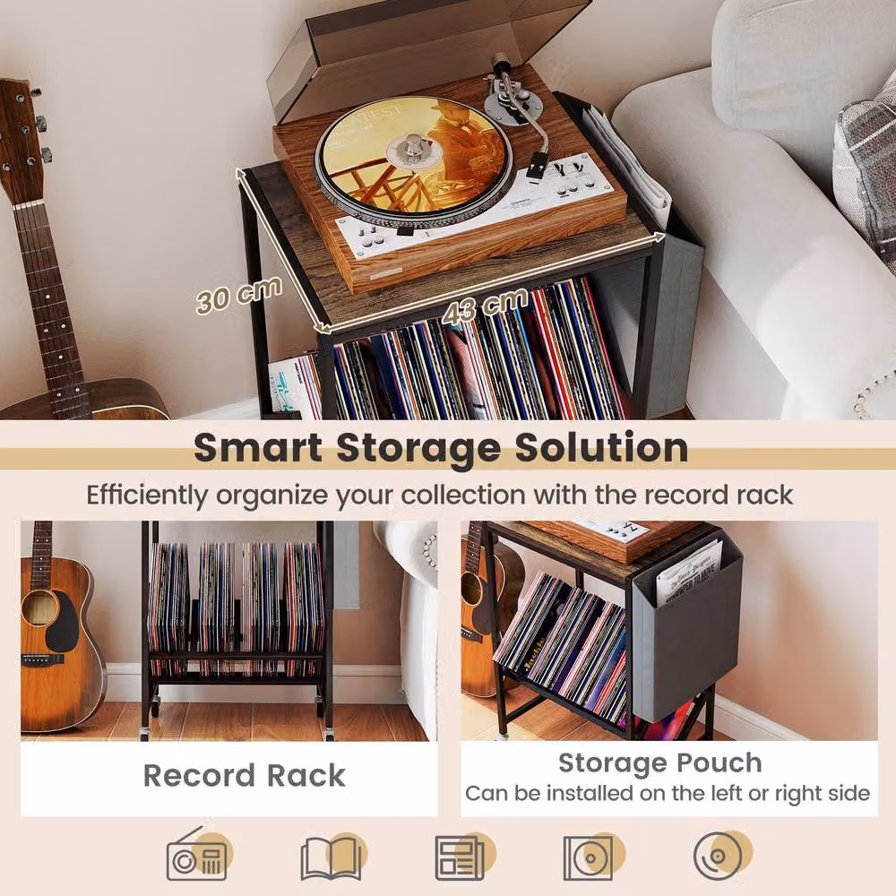 Gymax Brown Rolling Turntable Stand with Vinyl Magazine Holder and Media Compartments – 4