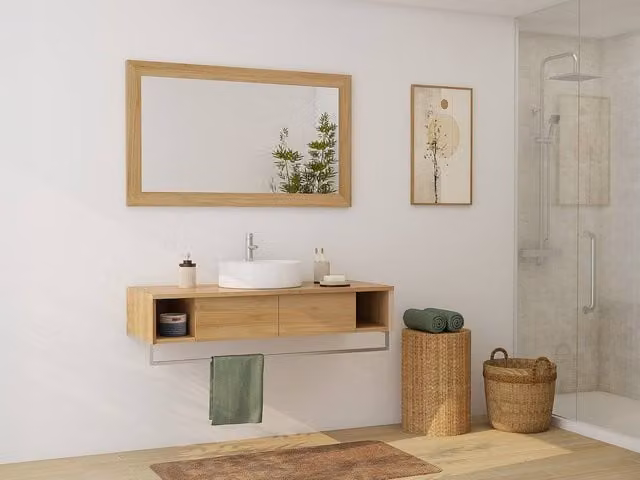 Vente-unique Suspended Teak Bathroom Vanity Unit with Towel Rail and Round Ceramic Basin in Light Oak and Beige – 1