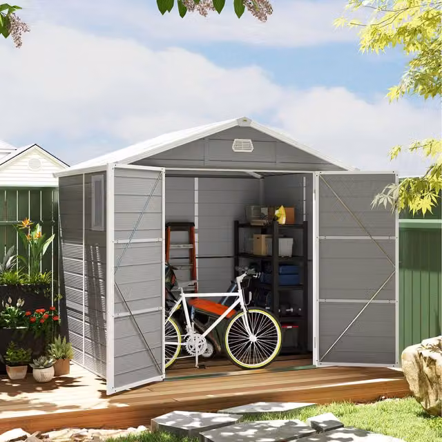 Outsunny Grey Garden Shed with Foundation Kit, Lockable Single Door and Window, Height: 240 cm