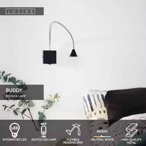 Lucide Buddy Modern Adjustable LED Wall Lamp and Bedside Reading Light in Black – 2