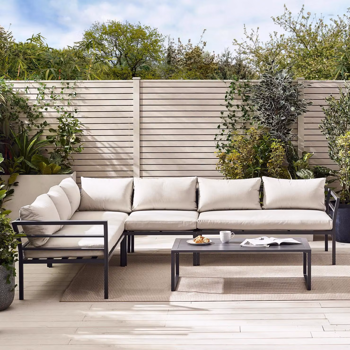 FurnitureboxUK Montenegro 6 Seat Outdoor Garden Sofa Set with White Metal Frame, Grey L-Shape Corner Sofa and Coffee Table with Taupe Cushions – 2