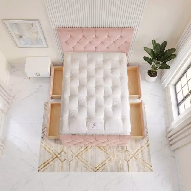 Somnior Ziggy Pink Velvet Divan Bed with 4 Drawers, Mattress, 54 inch Headboard and 22 inch Footboard, W/D/H: 180 x 200 cm, King Size