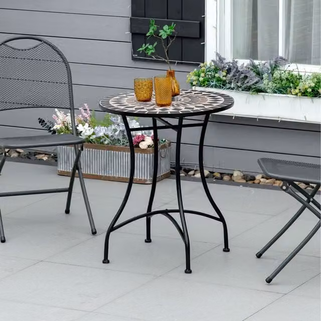 Outsunny Black Mosaic Round Bistro Table with Ceramic Top and Powder Coated Steel Frame, Diameter: 60 cm