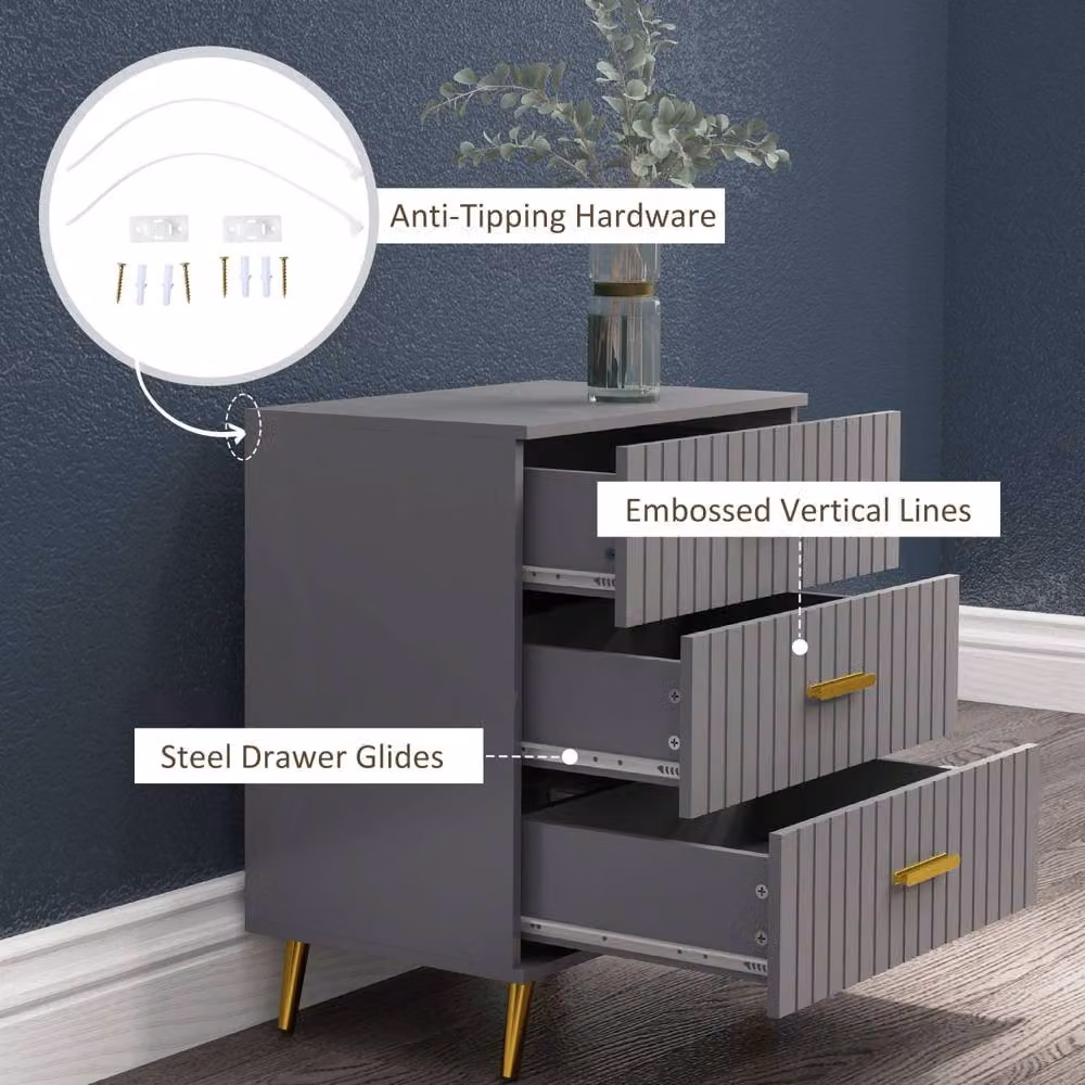 Wyld Haus Momase Tall 3 Drawer Dresser in Dark Grey with Gold Tone Handles, W: 60.0 cm, D: 40.0 cm, H: 71.5 cm – 4