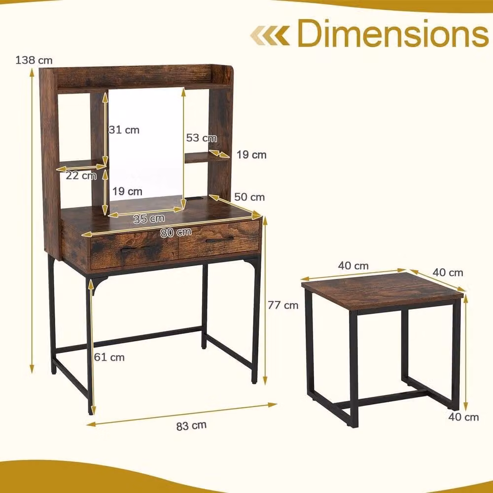 KORVIXA Modern Bedroom Vanity Desk with Mirror and Stool in Brown, W/D/H: 100 x 100 x 100 cm – 2