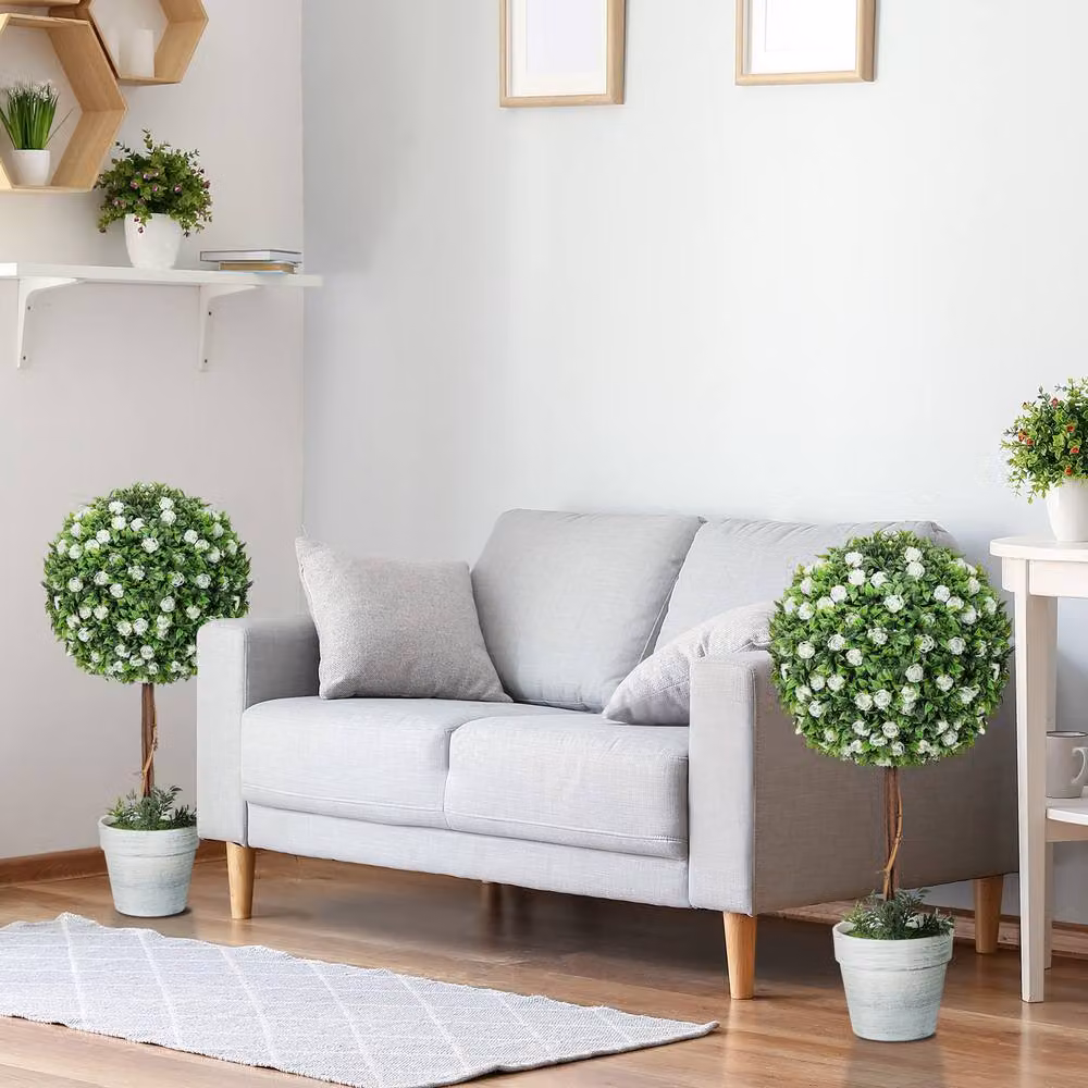 STILVORA Set of 2 Artificial Rose Topiary Plants in Green and White Pots, Height: 60 cm – 5