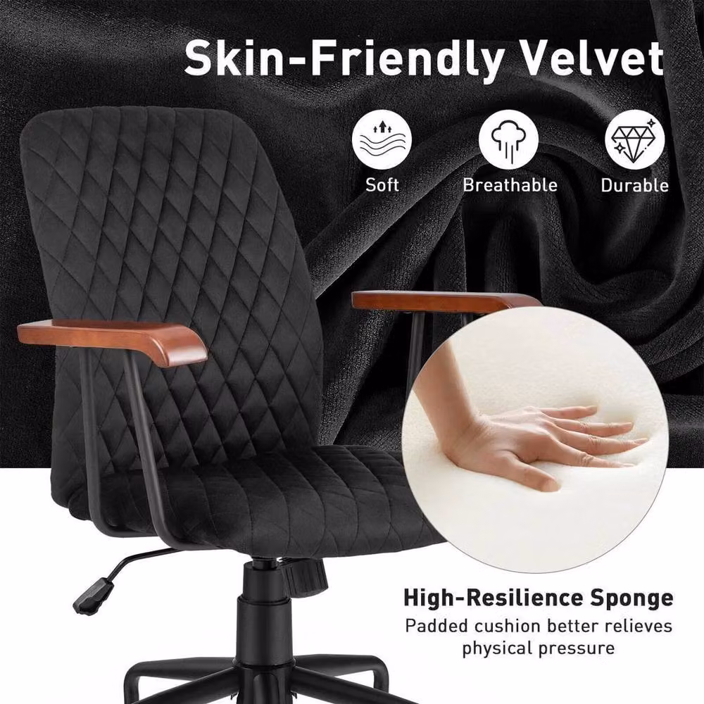 Kelvenix Ergonomic Velvet Swivel Office Chair in Black with Retro Wood Design – 5