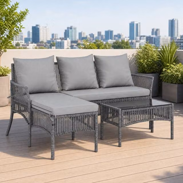 STILVORA 3-Piece Grey Garden Furniture Set with Coffee Table