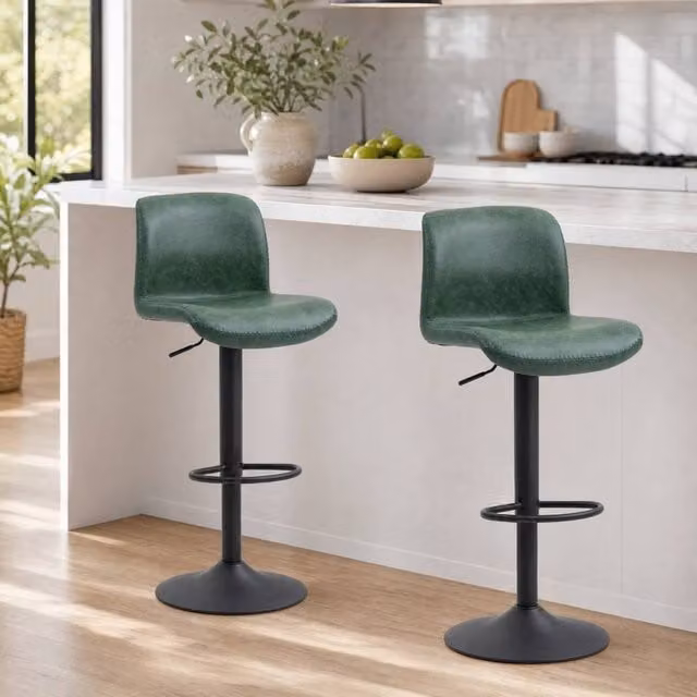 STILVORA Set of 2 Adjustable Height Modern Bar Stools in Green Synthetic Leather with Metal Base – 1
