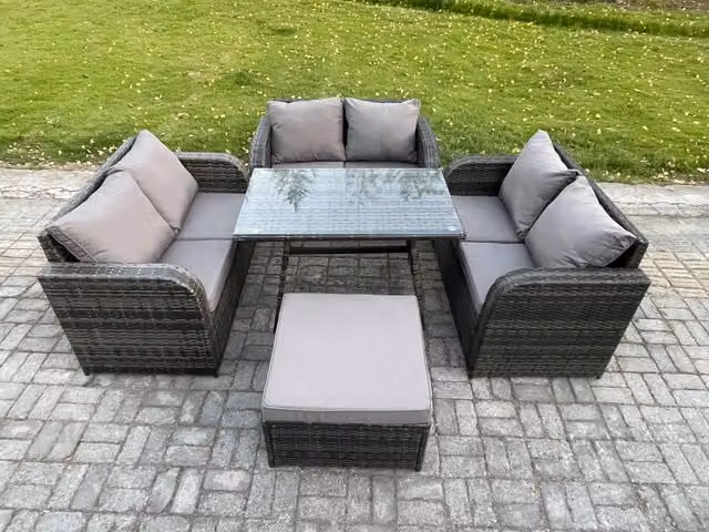 Fimous 7 Seater Rattan Garden Furniture Set with Rectangular Dining Table and Footstool in Dark Grey
