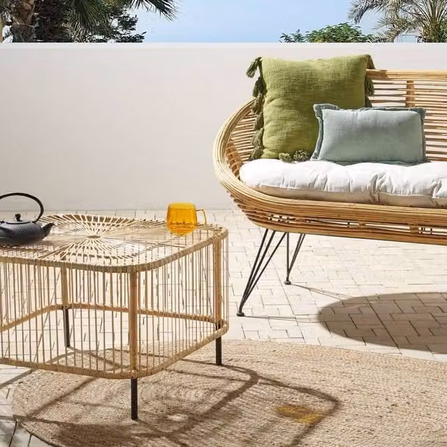 Wyld and Coco Natural Rattan Outdoor Coffee Table with Powder Coated Steel Frame, W/D/H: 67 x 67 x 45 cm