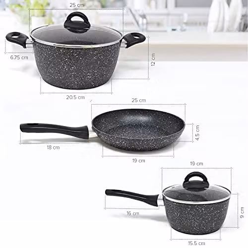 joeji's Kitchen 3 Piece Non Stick Frying Pan, Saucepan and Lid Set with Cool Touch Handles, Black – 2