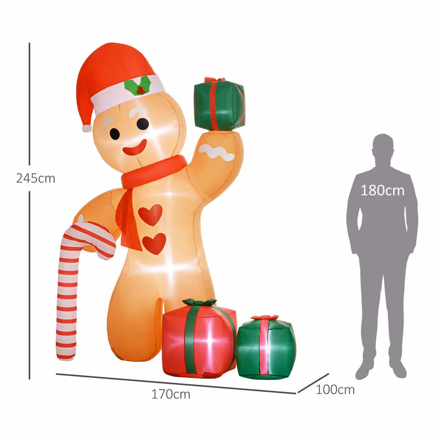 Outsunny 8ft Christmas Inflatable Gingerbread Man with Candy Cane and Three Gift Bags, Multicolour Outdoor Blow Up Decoration – 3
