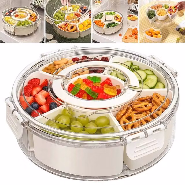 PAWNORA Rotating Round Fruit and Snack Tray with Transparent Lid in Beige