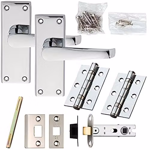 Loops Chrome Straight Lever Door Handle and Latch Pack with Square Backplate, W: 118 mm x H: 42 mm