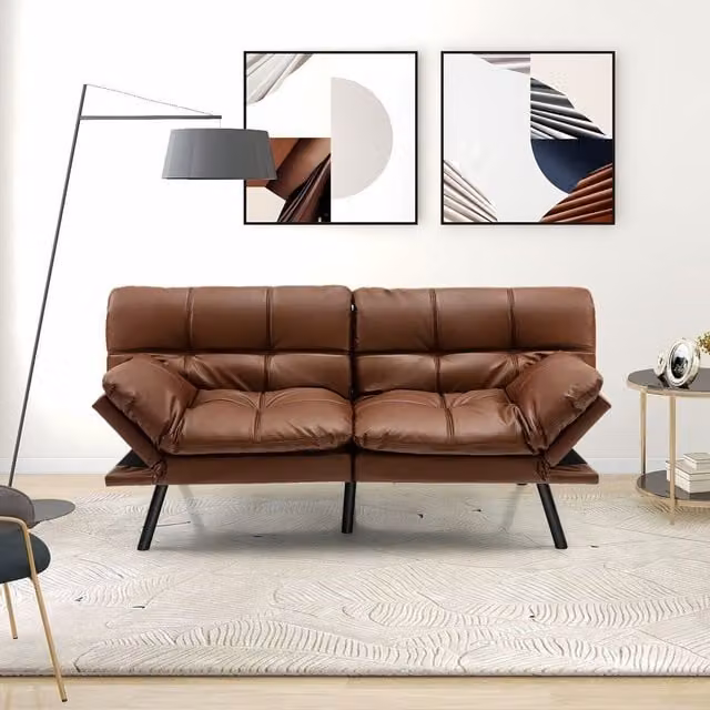 COSTWAY Brown PU Leather Modern Futon Sofa Bed with Sleeping Function