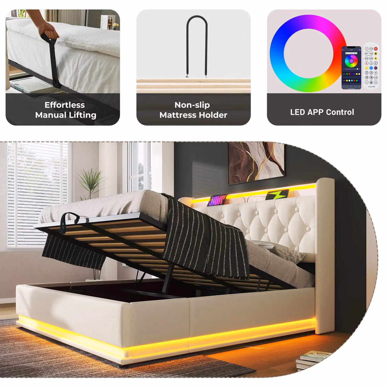 Matteo Upholstered King Ottoman Bed in White with 360 Surround LED Function and USB Charging Port, W/D/H: 150 x 200 cm – 3