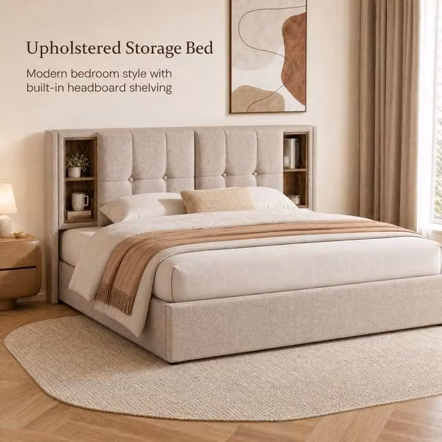 STILVORA King Size Upholstered Bed in Sand with Wireless Charging, Storage and Bedside Shelf, W/D/H: 180 x 200 x 152.4 cm