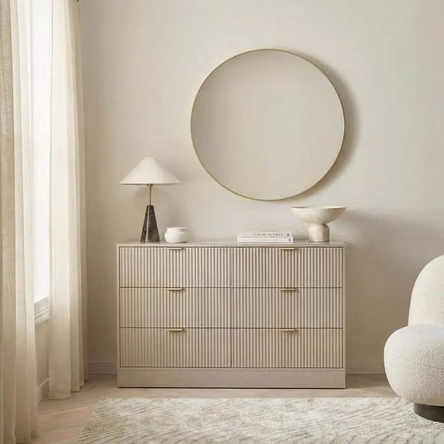 OHS Solid Ribbed 6 Drawer Chest of Drawers and Sideboard Storage Unit in Natural Sand/Beige