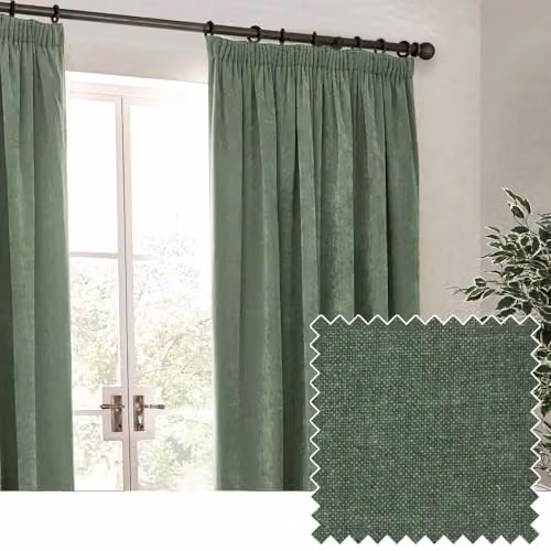 Yard Heavy Chenille Velvet Pencil Pleat Curtain Pair in Green, W: 168 cm, H: 229 cm – 1