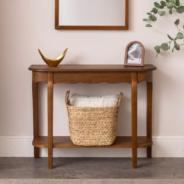 Melody Maison Ashwell Range Half Moon Console Table with Shelf in Brown Wood – 1