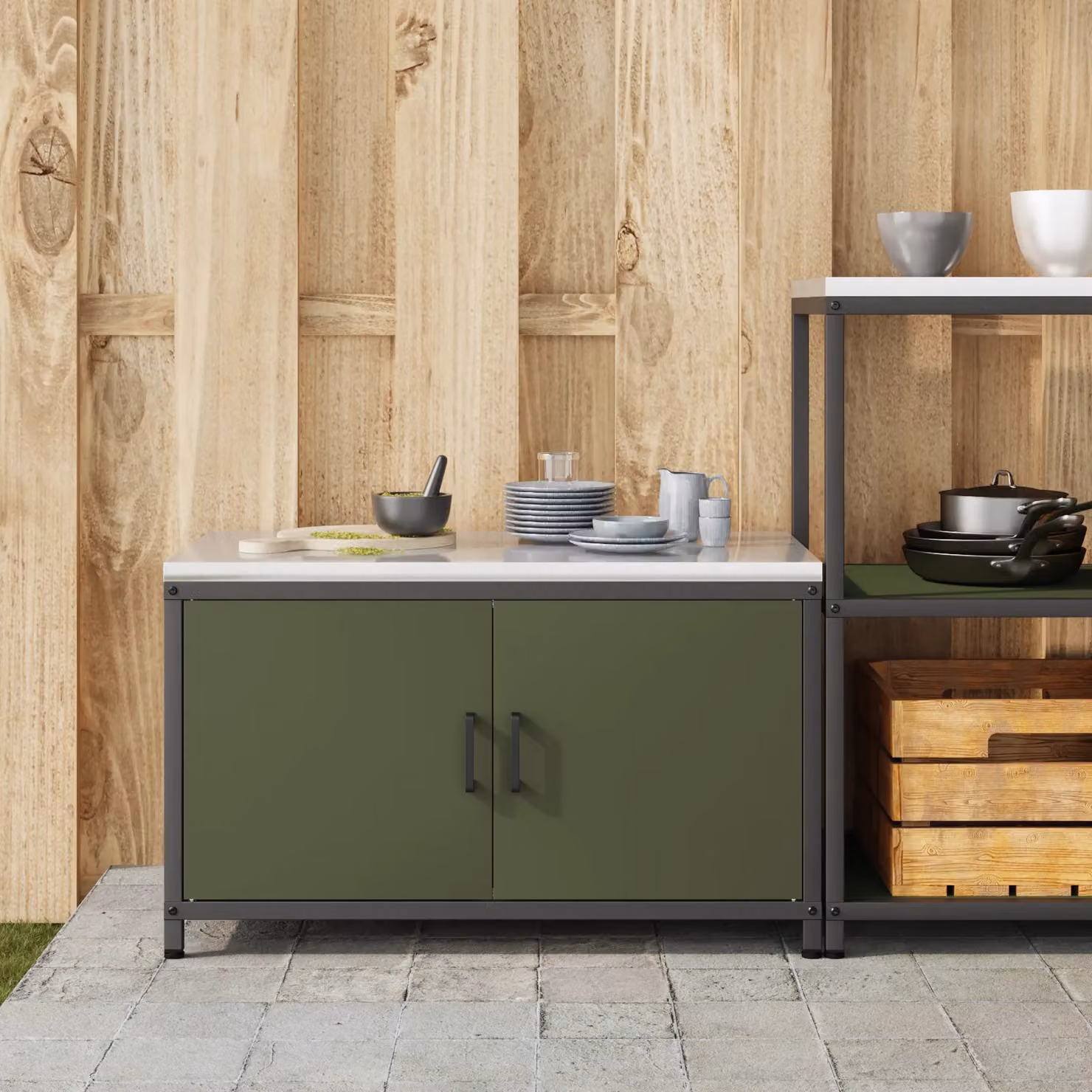 Berkfield Home Modern Metal Kitchen Storage Cabinet in Green with Hinged Doors and Internal Shelves – 3