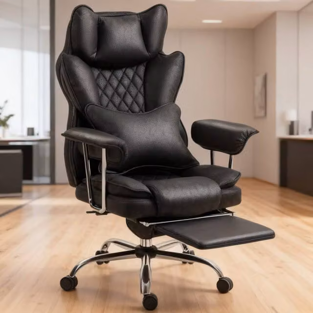 ERGOVEXA Leathaire Black Reclining Executive Office Chair with Lumbar Support and Headrest