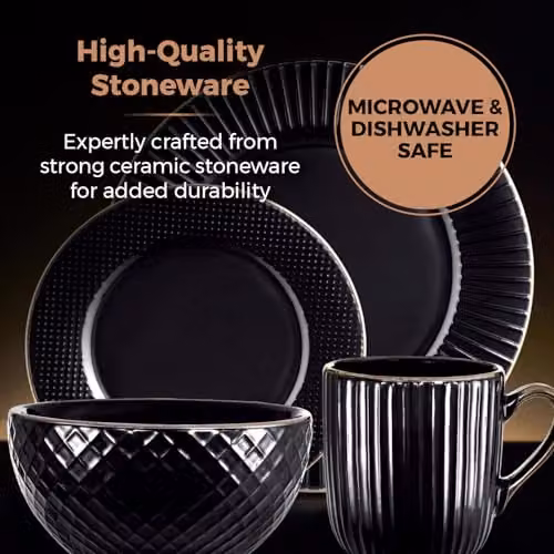 Tower Empire 16 Piece Geometric Stoneware Dinnerware Set in Black and Bronze – 4