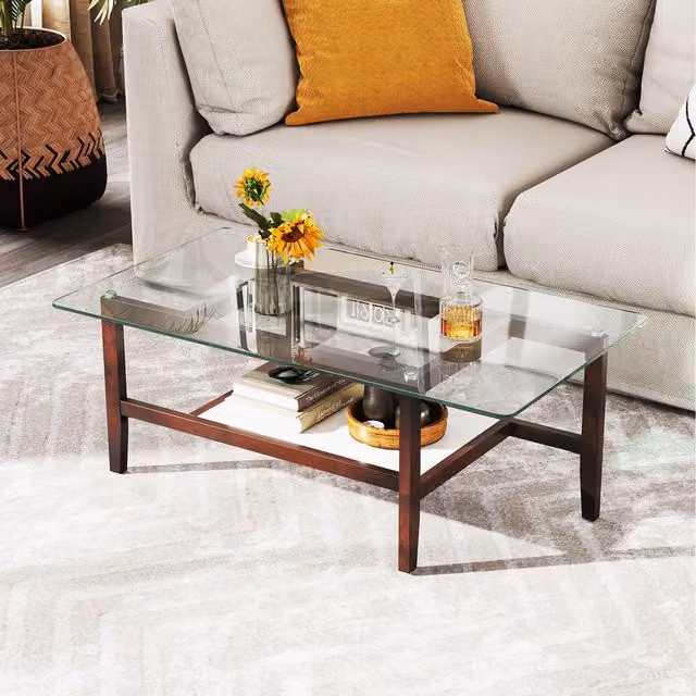 COSTWAY Modern 2-Tier Rectangular Glass and Rubberwood Coffee Table in Brown
