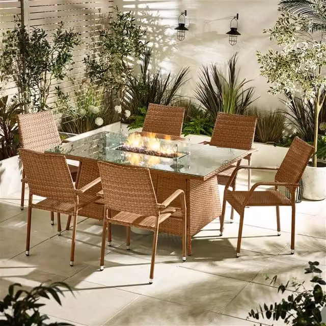 FurnitureboxUK Marbella 6 Seat Rattan Firepit Table Garden Dining Set in Beige