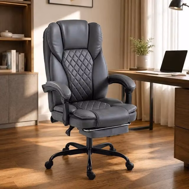 STILVORA Grey Synthetic Leather Office Chair with Footrest and Headrest – 1