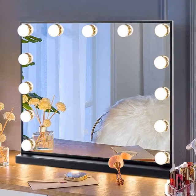 Livingandhome Large Hollywood Rectangle LED Vanity Mirror with Black Edge, Width: 62 cm