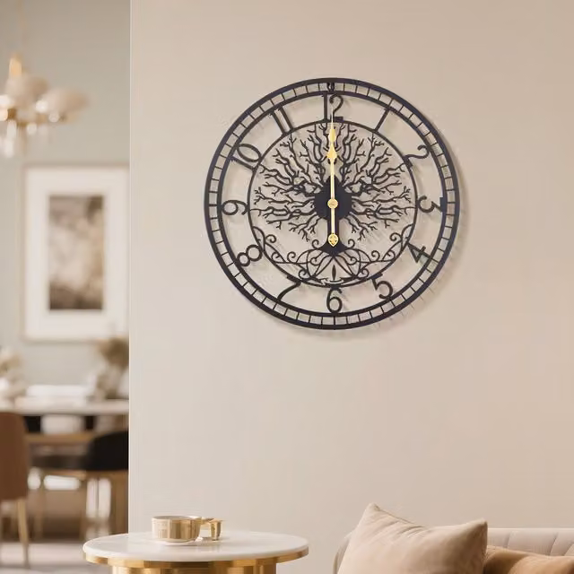 Komore Large Tree of Life Metal Wall Clock in Black and Gold