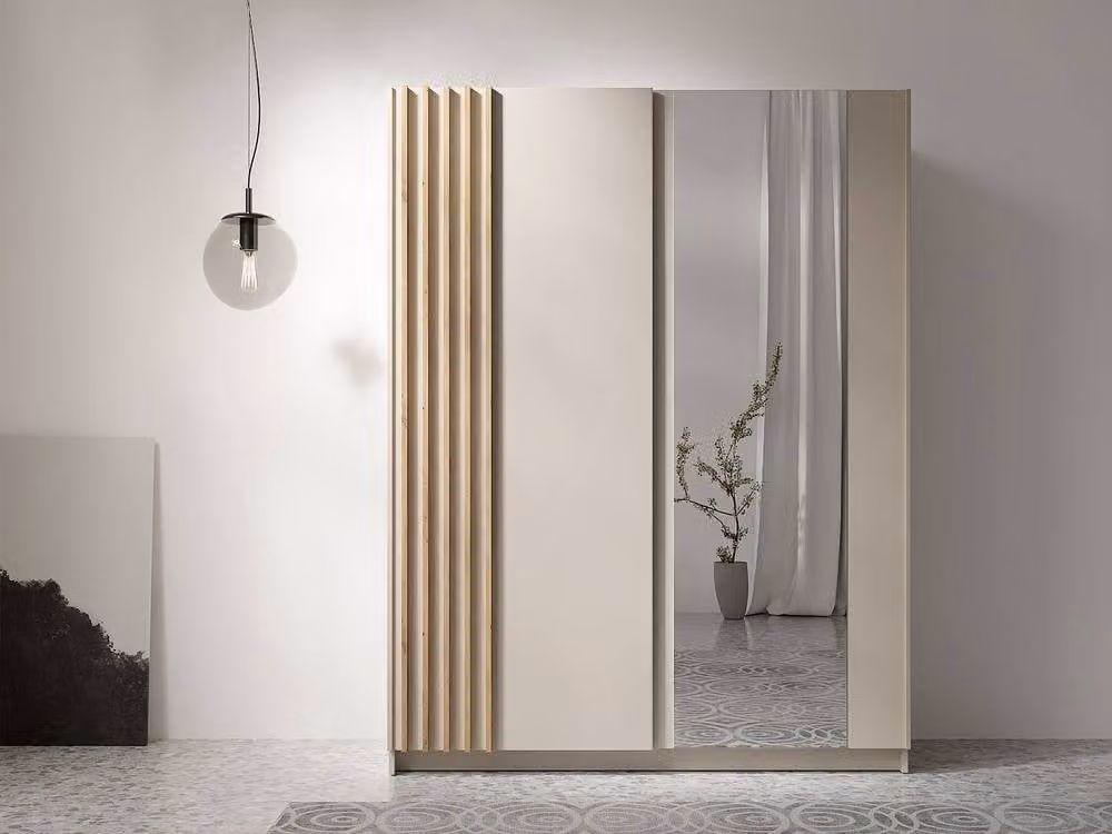 Vente-unique 2-Door Sliding Wardrobe with Mirror in Beige and Natural, W: 150.6 cm, H: 198.5 cm, D: 62 cm – 3