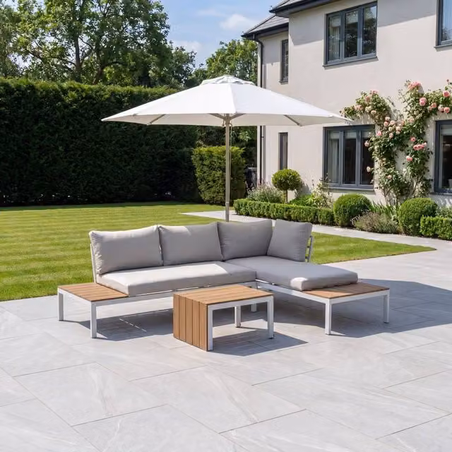 Artemis Home Avena L-Shape Outdoor Corner Sofa and Coffee Table Set in Natural White and Beige